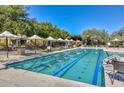 A lap swimming pool with blue lane lines, several shade structures, and lounge chairs around the pool area at 3931 E Crest Ln, Phoenix, AZ 85050