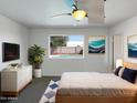 Cozy bedroom with a view of the pool, soft carpet, and a contemporary ceiling fan at 4607 W Becker Ln, Glendale, AZ 85304
