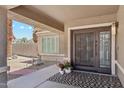 Inviting front porch with a patterned rug, potted plants, and decorative front door at 1228 E Mountain Vista Dr, Phoenix, AZ 85048