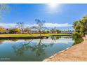 Scenic pond view reflecting trees and sky, surrounded by lush green grass and community buildings at 9649 S 51 St St, Phoenix, AZ 85044
