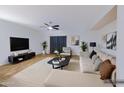 Bright, staged living room features contemporary furniture, a ceiling fan, neutral walls, and wood-look flooring at 1453 W Birch Rd, San Tan Valley, AZ 85140