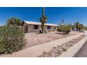 Single-story home featuring desert landscaping, a tall Saguaro Cactus, and an American flag at 421 S 113Th Way, Mesa, AZ 85208