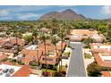 Stunning aerial view showcasing the property's neighborhood, mature palm trees, and scenic mountain backdrop at 7115 E Buena Terra Way, Paradise Valley, AZ 85253