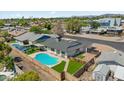 Backyard view showcasing a sparkling pool, lush lawn, and outdoor living space, perfect for entertaining at 4415 S Poplar St, Tempe, AZ 85282