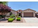Inviting single-Gathering home featuring a desert landscape, a two-car garage, and neutral-toned stucco at 157 W Leatherwood Ave, San Tan Valley, AZ 85140
