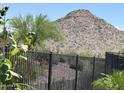 Backyard view with wrought iron fence and mountain views at 18717 N 267Th Dr, Buckeye, AZ 85396