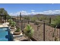 The backyard pool has desert landscape views and a wrought iron fence at 41809 N La Crosse Trl, Anthem, AZ 85086