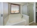 Bathroom featuring a soaking tub with a window and a glass-enclosed shower stall at 8022 S 48Th Dr Dr, Laveen, AZ 85339