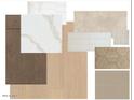 Sample board featuring complementary design selections, including wood flooring, quartz countertop, and unique tile patterns at 11139 E Ulysses Ave, Mesa, AZ 85212