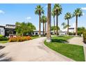 Expansive front yard with mature palm trees and a winding driveway leading to a luxury home at 5051 E Lafayette Blvd, Phoenix, AZ 85018