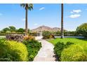 Lush backyard landscaping with a stone pathway leading to a mountain view at 5051 E Lafayette Blvd, Phoenix, AZ 85018