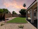 Expansive backyard featuring lush lawn area, mature palms and attractive privacy wall at 351 N Newport St, Chandler, AZ 85225