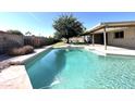 Sparkling pool with blue chairs, lush greenery, and covered patio, perfect for outdoor living at 9615 N 34Th Ave, Phoenix, AZ 85051