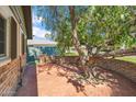 Enclosed courtyard with brick hardscape and shaded by a mature tree at 216 E Harmont Dr, Phoenix, AZ 85020