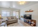 Well-lit living room featuring a comfortable sofa, large windows, and tasteful decorations at 941 E Desert Moon Trl, San Tan Valley, AZ 85143