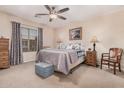 Comfortable bedroom featuring a ceiling fan, neutral paint, and ample natural light through the window at 10852 E Contessa St, Mesa, AZ 85207