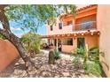 Charming backyard with a covered patio and desert landscaping featuring palm trees and cacti at 13227 N Mimosa Dr # 101, Fountain Hills, AZ 85268