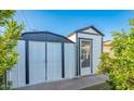 A backyard shed with ample storage space and a door, framed by lush greenery at 12431 N 30Th Ave, Phoenix, AZ 85029