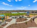 Aerial view of community park with playground, shade structures, and picnic tables at 5464 S 246Th Ln, Buckeye, AZ 85326