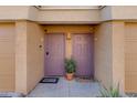 Dual purple-painted entry doors with welcome mats and potted plants provide access to these condo units at 1411 E Orangewood Ave # 237, Phoenix, AZ 85020