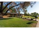 Well-manicured lawn surrounds a brick home shaded by mature trees and blue sky at 547 W Orangewood Ave, Phoenix, AZ 85021