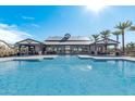 Beautiful community pool with ample seating and shade, surrounded by palm trees and lush landscaping at 3915 N Shannon Cir, Mesa, AZ 85215