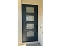 Contemporary front door features a modern design with glass panels, offering a glimpse into the home's interior at 3375 W Verde River Rd, San Tan Valley, AZ 85144