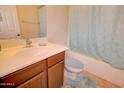 Cozy bathroom featuring a coordinated shower curtain, toilet seat cover, and bath mat set at 2008 N Pablo Ct, Casa Grande, AZ 85122