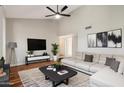 Bright, spacious living room featuring modern decor, wood floors, and stylish furniture at 921 S Hacienda Dr, Tempe, AZ 85281