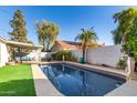 Backyard pool with palm tree, privacy wall, outdoor seating under pergola and green turf at 1201 E Campbell Ave, Gilbert, AZ 85234