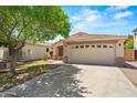 Inviting home featuring a two-car garage, well-manicured lawn, and a mature tree casting shade at 817 E Lamonte St, San Tan Valley, AZ 85140