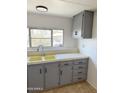 Features a double basin sink, laminate countertops, and painted gray cabinets with matte black hardware at 530 S Alma School Rd # 75, Mesa, AZ 85210