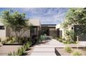 Contemporary home entrance with stone accents, metal gate, desert landscaping, and a stylish walkway at 8528 E Clydesdale Trl, Scottsdale, AZ 85258