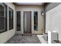 Modern front door with sidelight windows and a stone-paved entryway under a covered porch at 3822 E Canyon Pl, Chandler, AZ 85249
