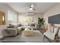 Bright and airy living room with modern furnishings, neutral tones, and ample natural light, virtually staged at 10516 W Peoria Ave, Sun City, AZ 85351