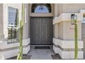 Elegant double front door with decorative accents, sidelight window, and house number display at 11257 E Reginald Ave, Mesa, AZ 85212