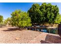 Spacious backyard featuring stone landscaping, a tree-shaded area, and waterfront access with a private dock at 1379 E Butler Cir, Chandler, AZ 85225