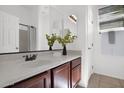 Clean bathroom with a modern vanity, decorative plant, and well-lit mirror at 7261 E Norland St, Mesa, AZ 85207