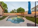Backyard with a sparkling pool, string lights, and lush greenery, perfect for outdoor relaxation at 7027 W Blackhawk Dr, Glendale, AZ 85308