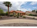 Beautifully landscaped home with a well-manicured front yard and mature palm tree at 9085 E Windrose Dr, Scottsdale, AZ 85260