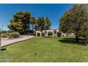 Beautiful home featuring a circular driveway, desert landscaping, green grass, and mature shade trees at 1010 E Buena Vista Dr, Tempe, AZ 85284