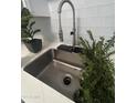 Modern stainless steel kitchen sink with sleek faucet and greenery accents at 602 N May St # 65, Mesa, AZ 85201