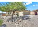 Desert landscaping surrounds a charming home with a large shade tree and two car garage at 1147 E Harvest Rd, San Tan Valley, AZ 85140