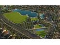 Bird's-eye view of the community, highlighting a large lake, park, clubhouse, pool and walking trails for outdoor activities at 36049 N Barrel Aged Dr, San Tan Valley, AZ 85140