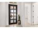 Bright entryway featuring a modern black door, sleek tile flooring, and a decorative cactus at 3629 E Rochelle Cir, Mesa, AZ 85213