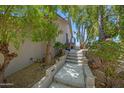 Exterior view featuring a concrete walkway and steps leading to the side entrance surrounded by mature trees and landscaping at 1419 E Las Palmaritas Dr, Phoenix, AZ 85020