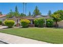 Charming single-story home featuring a well-manicured lawn, mature trees, and a two-car garage with a light brown roof at 2053 W Natal Cir, Mesa, AZ 85202