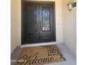 Elegant wrought iron double front doors welcoming visitors with a decorative 'Welcome' mat and modern light fixture at 549 E Benrich Dr, Gilbert, AZ 85295
