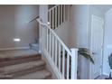Carpeted staircase with white railing, leading to the upper level of the home at 1183 S Tumbleweed Ln, Chandler, AZ 85286