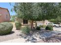 Charming home featuring lush landscaping with a tree and a stone covered front yard at 10414 W Windsor Ave, Avondale, AZ 85392